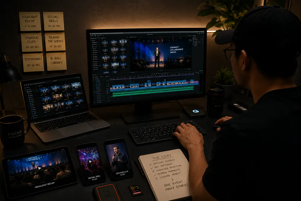 Cinematic editing workspace showing event footage being turned into recap, social clips, and reusable content assets